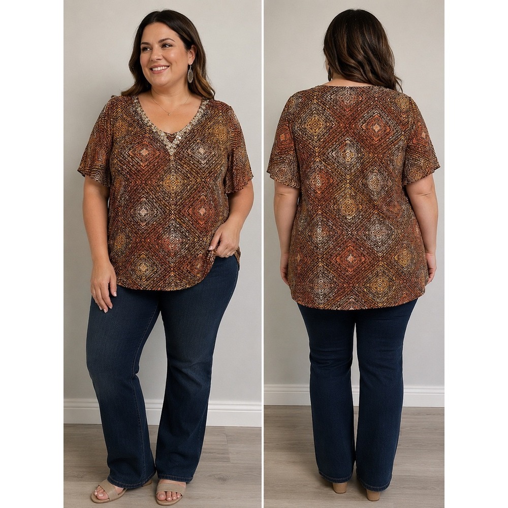 Catherines Orange Brown Geometric Sequin V-Neck Kaftan Tunic Top Women 2X 22/24W